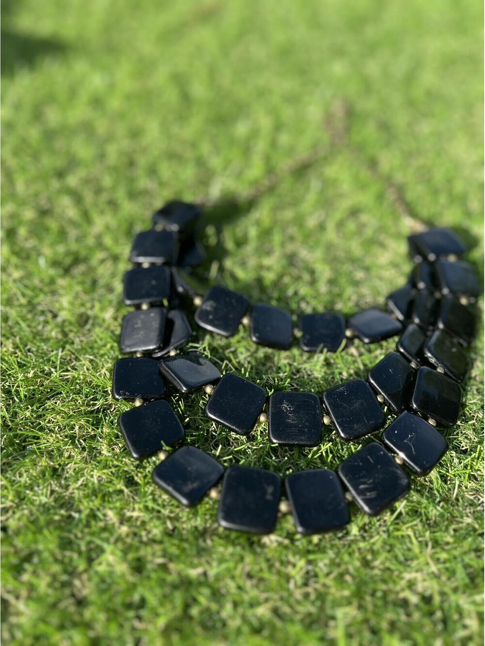 Black Lucite Beaded‎ Necklace with metal bib chain